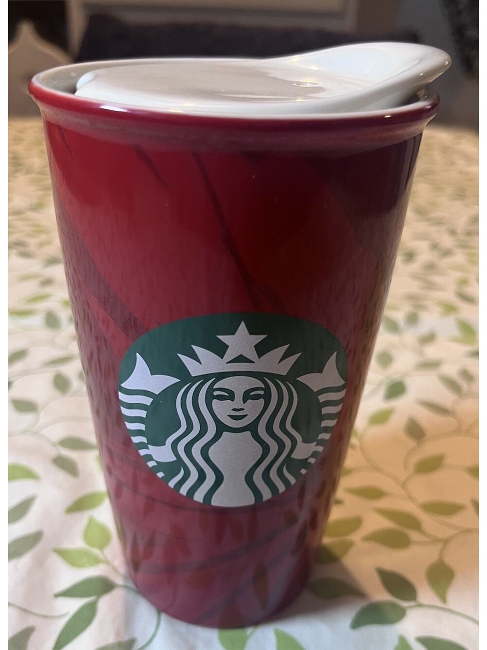 Starbucks 2014 Red Ceramic Tall Travel Mug w Lid Coffee Cup 12 oz